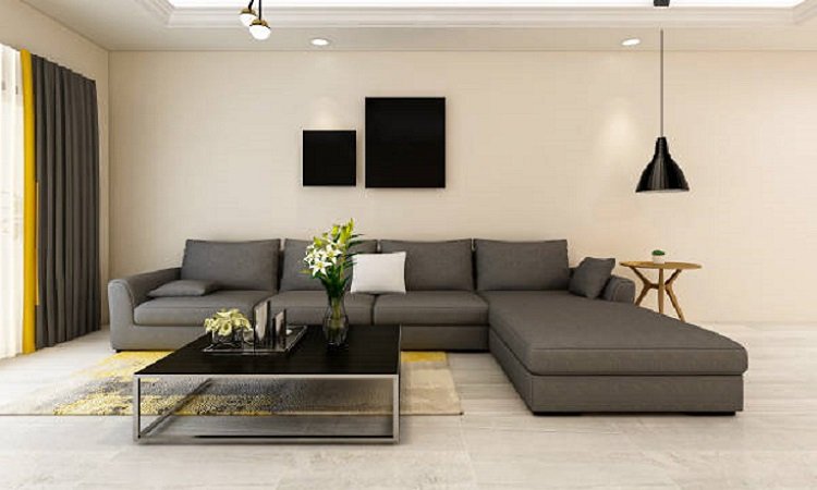 Modern design living room with sofa, TV, floor lamp, chandeliers, etc.