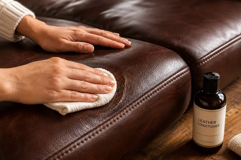 Applying Leather Conditioner To Brown Sofa