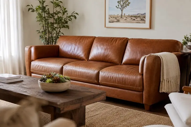 Cognac Leather Sofa In Bright Living Room