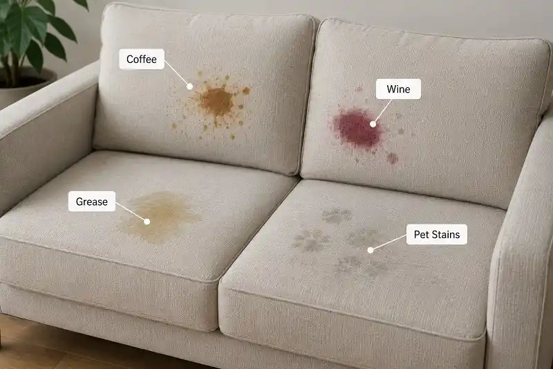Common fabric sofa stains including coffee wine grease and pet stains