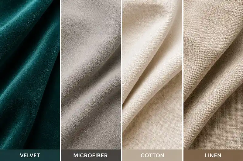 Different fabric sofa materials including velvet microfiber cotton and linen