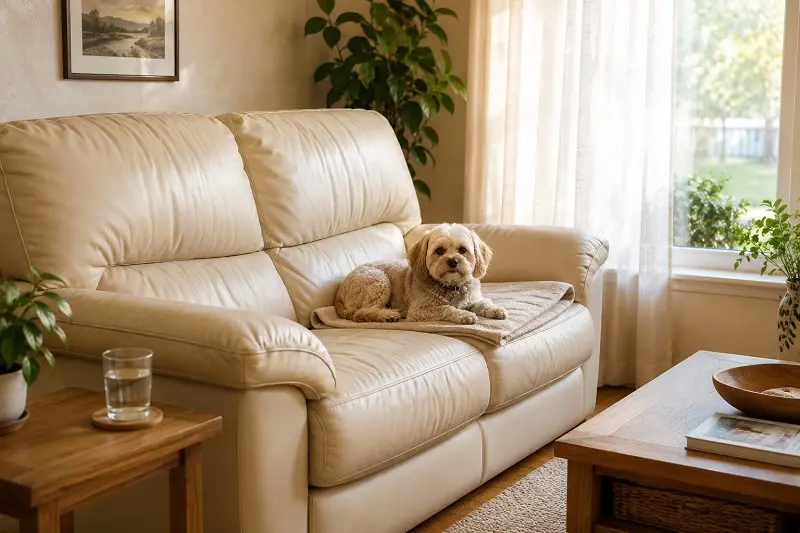 Dog Resting On Cream Leather Sofa