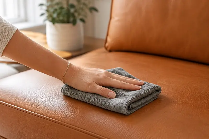 Hand Cleaning Leather Sofa With Microfiber Cloth