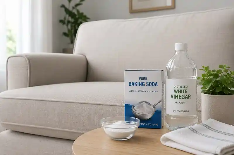 Natural fabric sofa cleaning using baking soda and vinegar