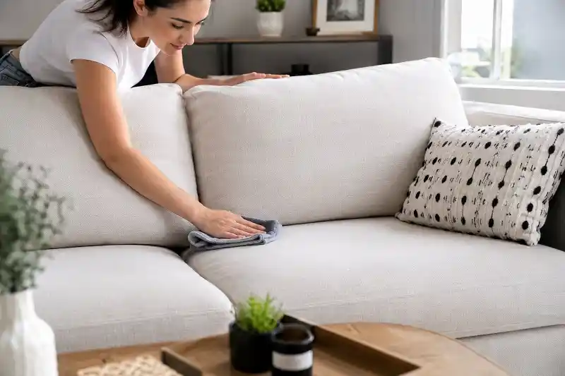 Person cleaning a fabric sofa in a modern living room