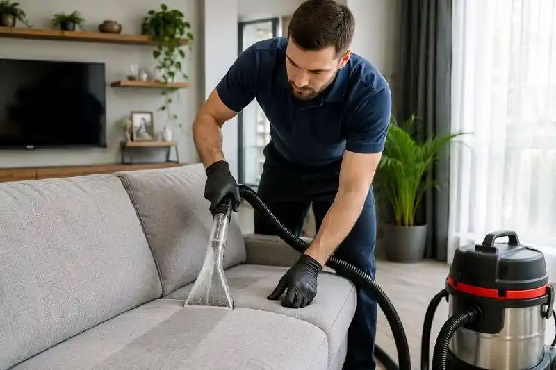 Professional fabric sofa cleaning service in action