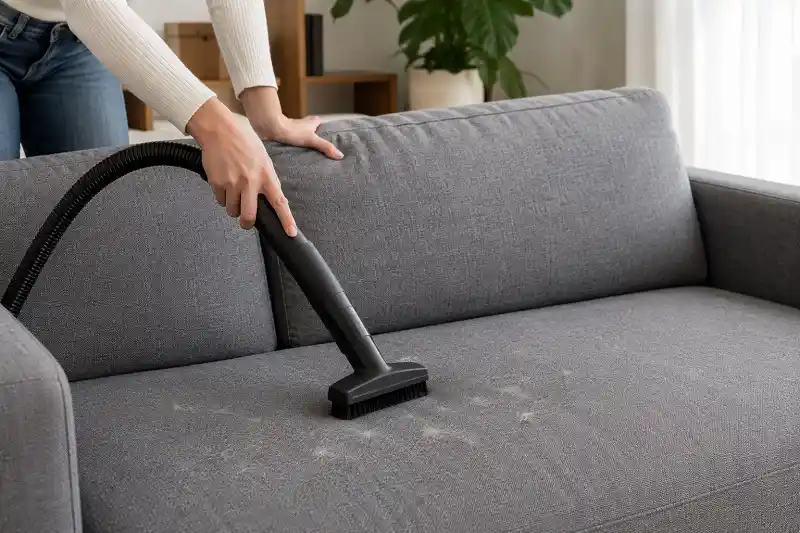 Vacuuming a fabric sofa before deep cleaning