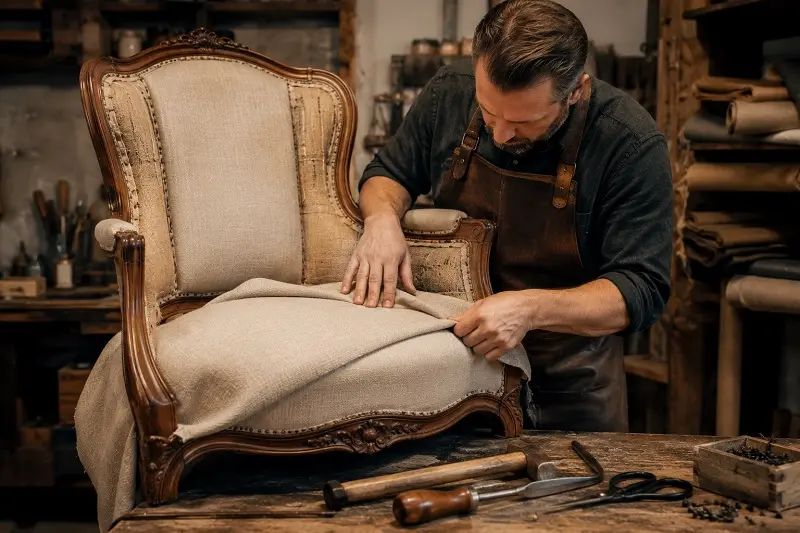 craftsman reupholstering a vintage armchair in a workshop