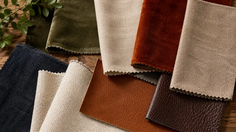 different types of upholstery fabric swatches on a wooden surface