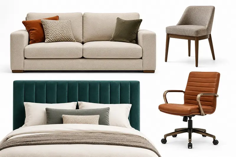 furniture pieces covered in upholstery fabric including sofa chair and headboard