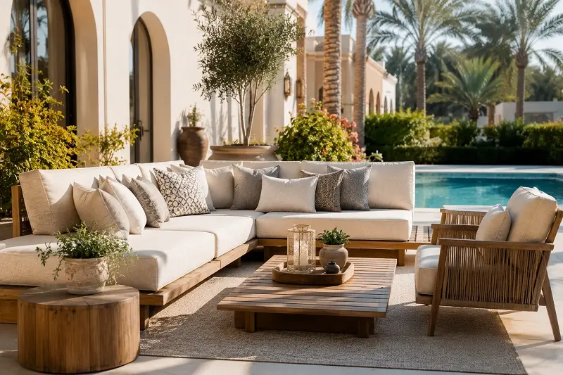 outdoor patio furniture with weather-resistant upholstery fabric in Dubai