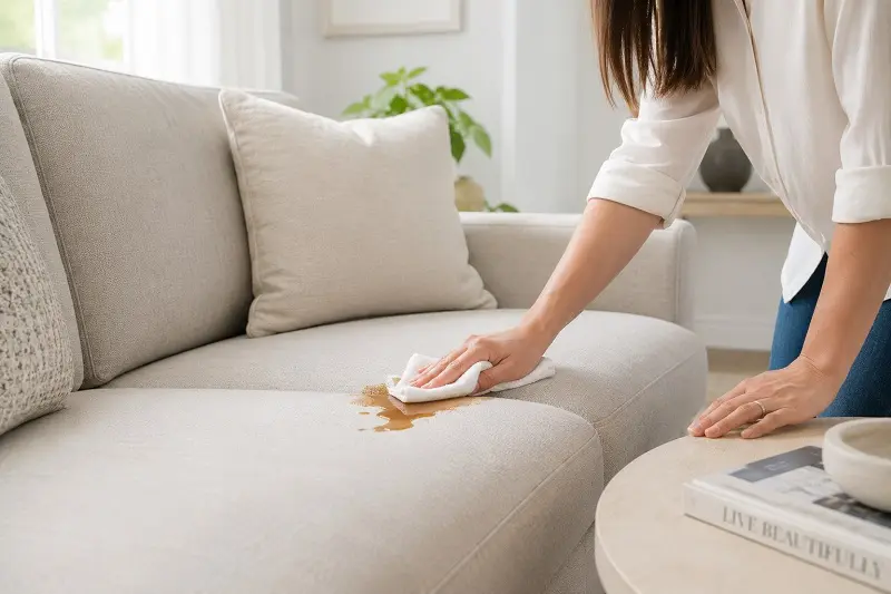 person blotting spill on upholstery fabric sofa with clean cloth