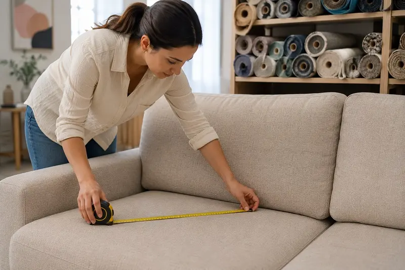 person measuring sofa with tape measure to calculate upholstery fabric needed