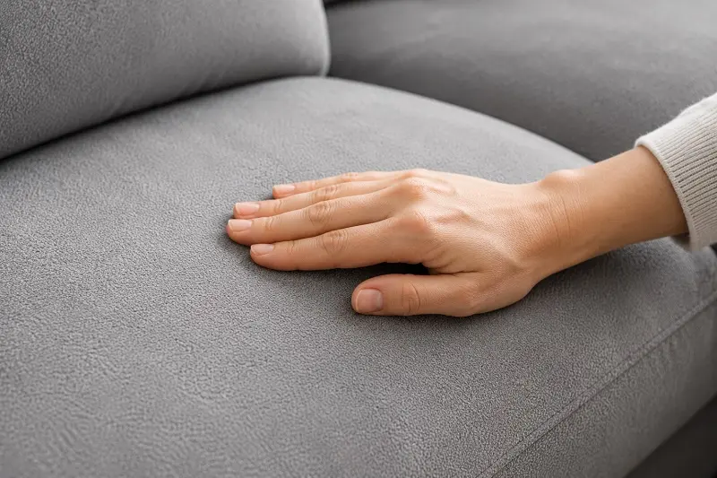 soft microfiber upholstery fabric being touched showing its texture