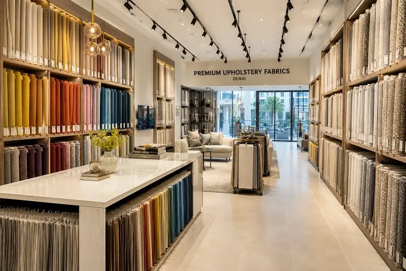 upholstery fabric shop in Dubai with colorful fabric rolls on display