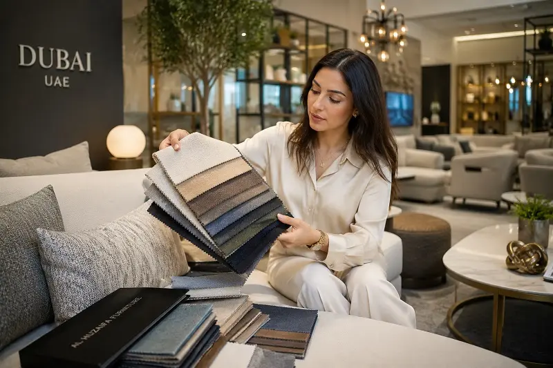 woman comparing upholstery fabric swatches in a furniture showroom